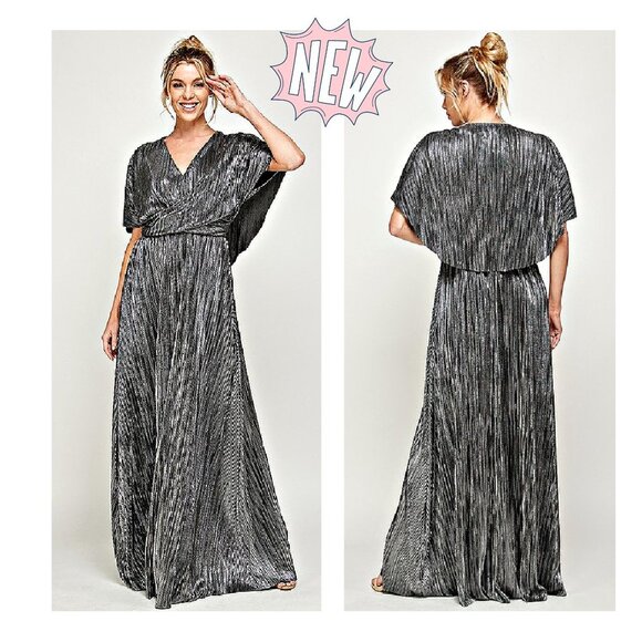 GORGEOUS Silver Crinkle Metallic Threaded Cape Back Maxi Dress S+M+L NEW - Picture 1 of 6